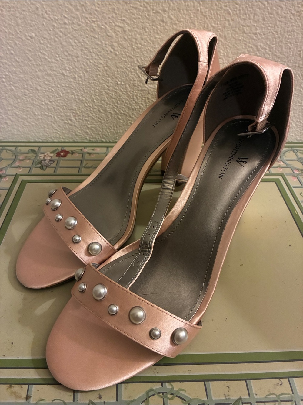 Worthington Blush Pink Pearl-Stud Ankle Strap Heels